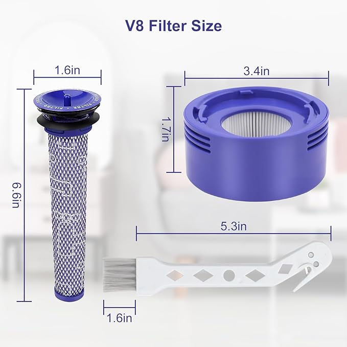 V8 V7 Animal Filter Replacement for Dyson V7 V8 Animal Absolute Motorhead Cordless Stick Vacuum Cleaner, 4 Post Filter, 4 Pre Filter and V8 V7 Roller Brush, Part # 965661-01 & 967478-01