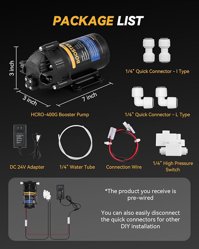 Hanchen Booster Pump Complete Kit for Home RO Reverse Osmosis Water Purification System, Quick-Connection Design, High Pressure Switch