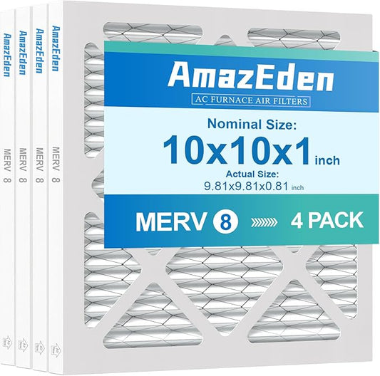 10x10x1 Air Filter 4 Pack MERV 8 AC Furnace HVAC Pleated Filters Dust Defense Replacement for Home Office MPR 600 FPR 5 (Exact Dimensions: 9.81x9.81x0.81 Inches)
