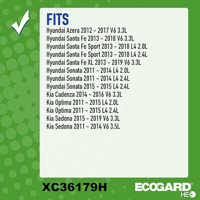 ECOGARD XC36179H High Efficiency Premium Cabin Air Filter + Baking Soda Fits 2011-2015 Hyundai Sonata, 2011-2015 Kia Optima, 2013-2018 Hyundai Santa Fe Sport, 2015-2021 Kia Sedona