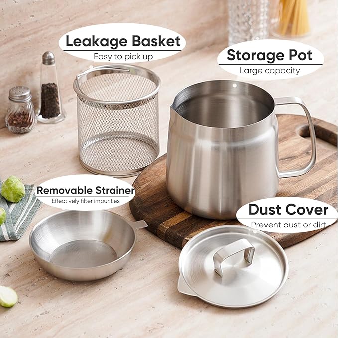 68oz Stainless Steel Oil Filter Pot with Removable Strainer – Bacon Grease Saver, Large Reusable Cooking Oil Container for Kitchen & Camping, Dishwasher-Safe Deep Fryer Basket (2L, Matte)