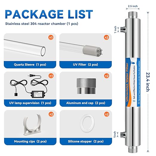 UV Water Filter Whole House, 1" MNPT 55W Water Purifier System for Whole House Water Purification,12 GPM, 120V, 1500H Lamp Life, +1 Extra Lamp
