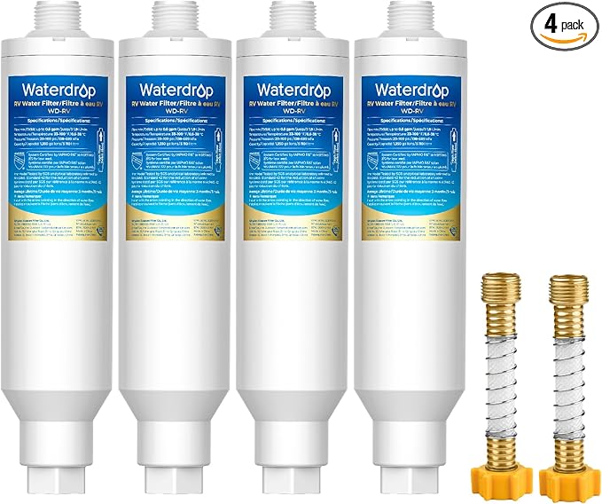 Waterdrop RV Water Filter, NSF Certified, Reduces Chlorine, Bad Taste, Odor, 4 Pack with 2 Flexible Hose Protector