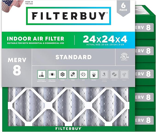 Filterbuy 24x24x4 Air Filter MERV 8 Essential Dust & Allergy Defense (6-Pack), Electrostatic Pleated HVAC AC Furnace Filters Replacement (Actual Size: 23.38 x 23.38 x 3.63)