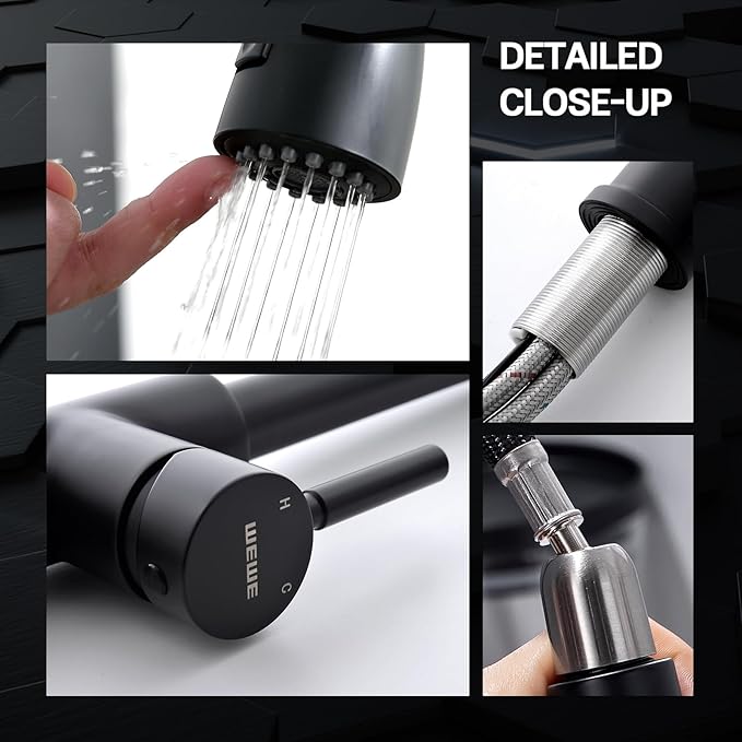 WEWE Black Kitchen Faucet, Leak Proof Kitchen Faucets with Pull Down Sprayer Commercial Stainless Steel Single Handle Single Hole Kitchen Sink Faucet for Farmhouse Camper Laundry Rv Bar