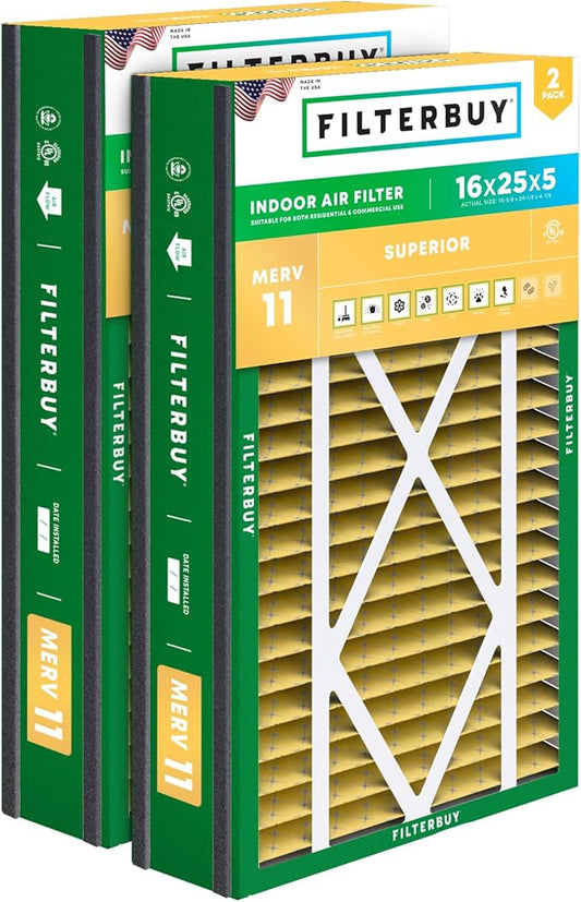 Filterbuy 16x25x5 Air Filter MERV 11 Superior Pet & Allergy Defense (2-Pack), Electrostatic Pleated HVAC AC Furnace Filters for Trion Air Bear 255649-105 and More (Actual Size: 15.63 x 24.13 x 4.88)