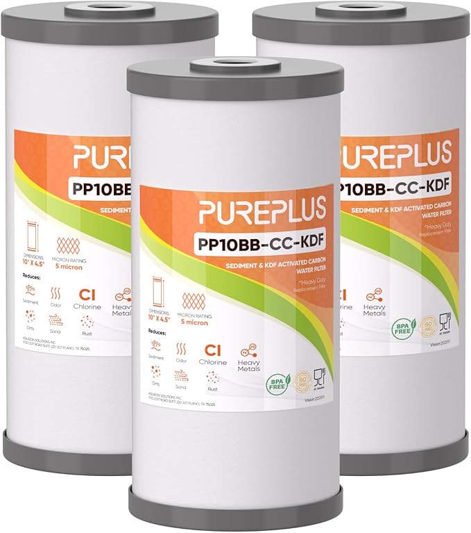 PUREPLUS 5 Micron 10" x 4.5" Whole House PP Sediment Carbon KDF Composite Heavy Metal Reduction Filter Cartridge for GE FXHTC,GXWH40L,GXWH35F,GNWH38S,Culligan RFC-BBSA,WRC25HD,Pentek RFC-BB,3Pack