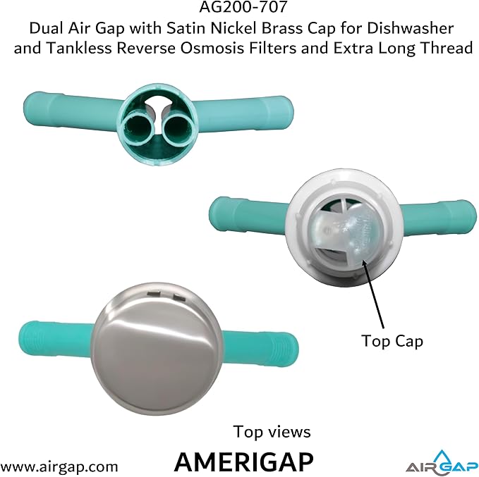 Dual Air Gap with Satin Nickel Brass Cap for Dishwasher and Tankless Reverse Osmosis Filter and Extra Long Thread (AG200-707, AG200-X07, AMERIGAP)