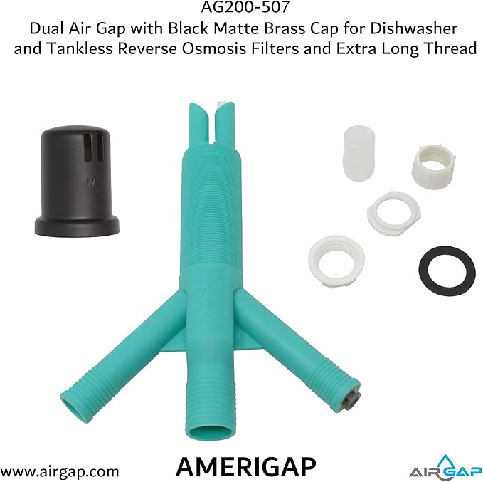 Dual Air Gap with Black Matte Brass Cap for Dishwasher and Tankless Reverse Osmosis Filter and Extra Long Thread (AG200-507, AG200-X07, AMERIGAP)