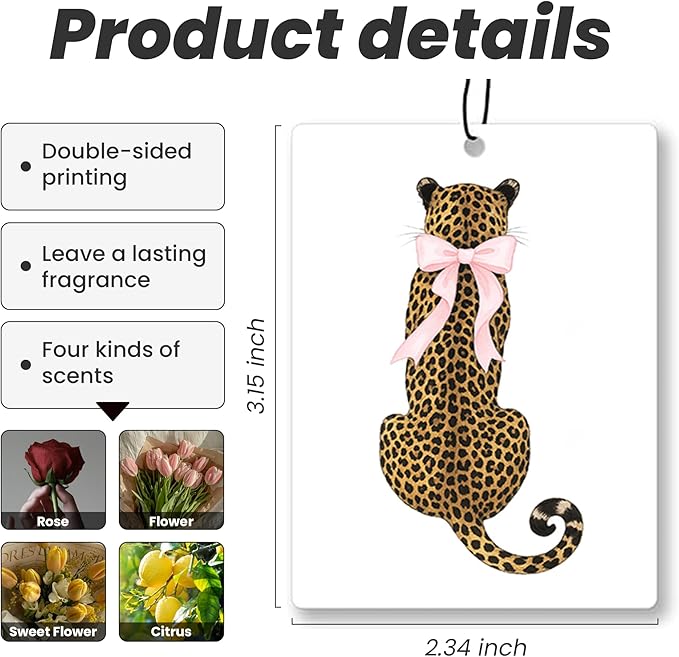 Trendy Coquette Leopard Print Car Air Freshener 4 Pcs - Preppy Pink Bow Cheetah Print Lucky 8 Disco Ball Martini Hanging Decor for Drawer Closet Cars Books, Car Accessories Mirror Decor for Women Girl