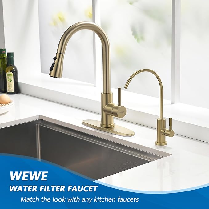 WEWE Drinking Water Faucet for Kitchen Sink, Gold Kitchen Water Filter Faucet Stainless Steel for Reverse Osmosis or Water Filtration System Beverage Non-Air Gap RO Faucet Gold Finish