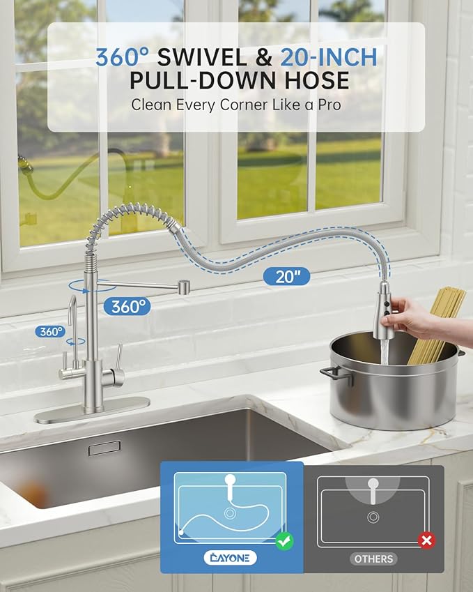 DAYONE Kitchen Faucet with Water Filter and Sprayer, 3 in 1 Pull Down Faucet with Purfied Water Faucet, 20 Inches High Arc Kitchen Water Filter Faucet, Brushed Nickel (Without Filtration Device)
