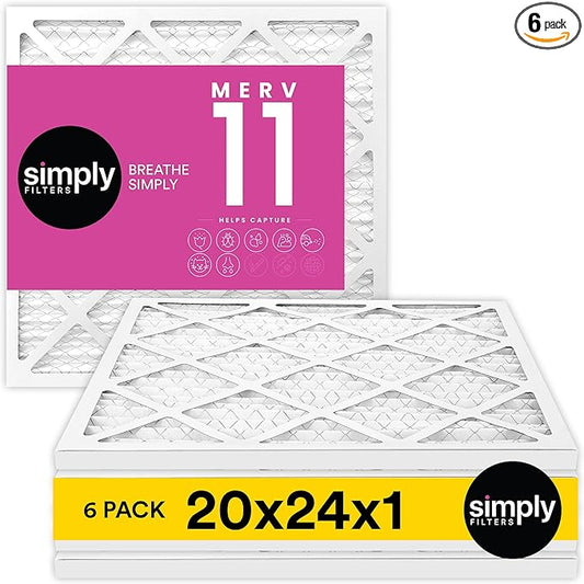 Simply 20x24x1 Air Filter, Merv 11, 6 Pack, For Home AC Furnace & HVAC (Actual Size: 19.75"x23.75"x0.75") DUST, Pet, & Allergy Control