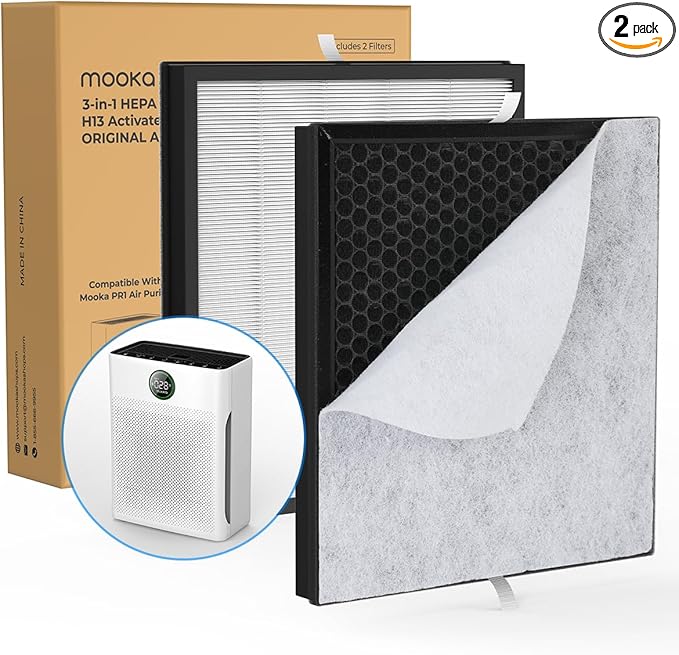 2 Pack MOOKA PR1 Genuine Air Purifier Replacement Filter, H13 True HEPA Air Purifiers for Home Large Room up to 2200sq.ft, with Washable Pre Filter, Removes Pollen Dander Smoke Pet Hair Dust