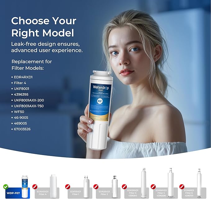 Waterdrop Plus UKF8001 NSF 401,53 Certified Refrigerator Water Filter, Reduce PFAS, Replacement for Whirlpool® Everydrop® Filter 4, EDR4RXD1, Maytag® UKF8001AXX, 3 Filters (Package May Vary)
