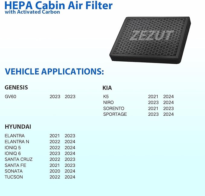Cabin Air Filter, for 2021-2024 Hyundai Elantra, Santa Fe, KIA K5, Sorento, Ioniq 5/6, Santa Cruz, Sonata, Tucson, Niro, Sorento, Sportage, Genesis GV60 (CF12820)