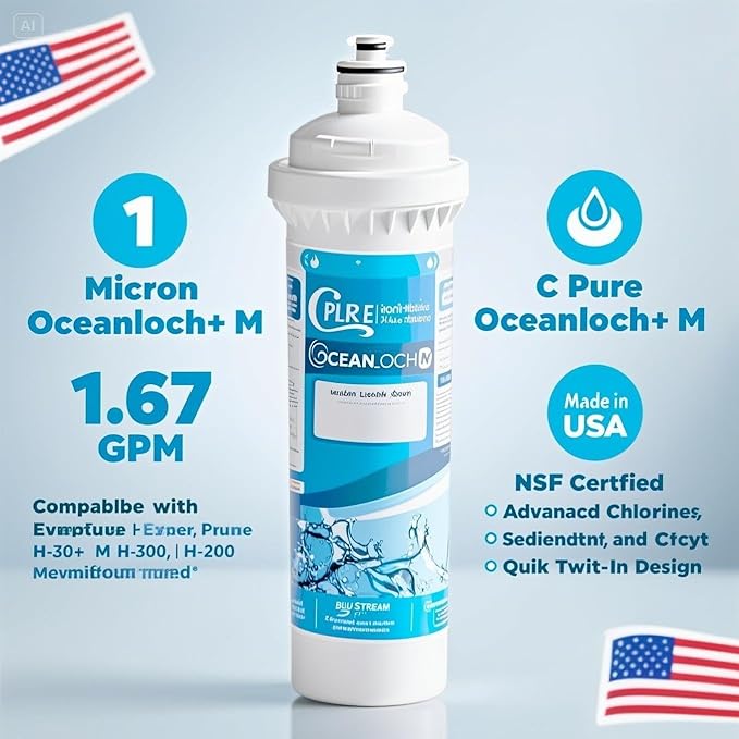 C Pure Oceanloch+ M Water Filter Cartridge 2-Pack – 1 Micron, 1.67 GPM – Compatible with Ice-O-Matic IOMQ, IFQ1, IFQ2 Systems – Chlorine, Taste & Odor Reduction Replacement Filters
