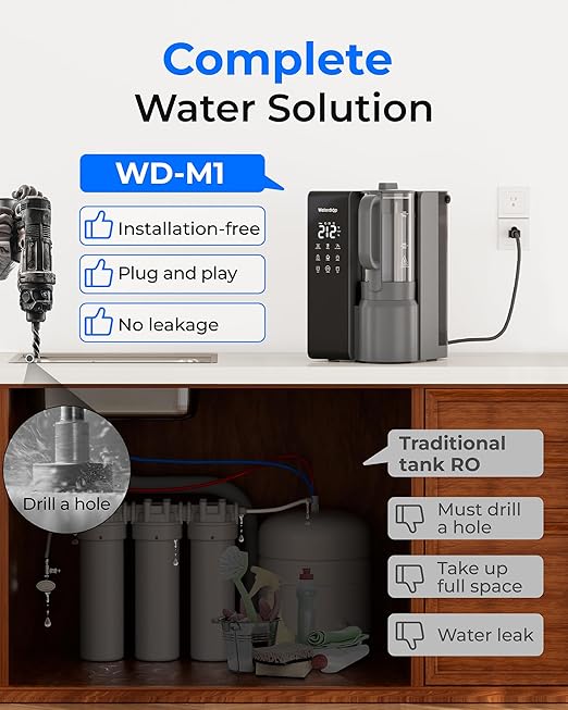 Waterdrop M1 Reverse Osmosis Water Filter Countertop, Hot Water Countertop Reverse Osmosis System, 7 Temperature Options, 6 Stage Purification, 3:1 Pure to Drain, No Installation, Gray