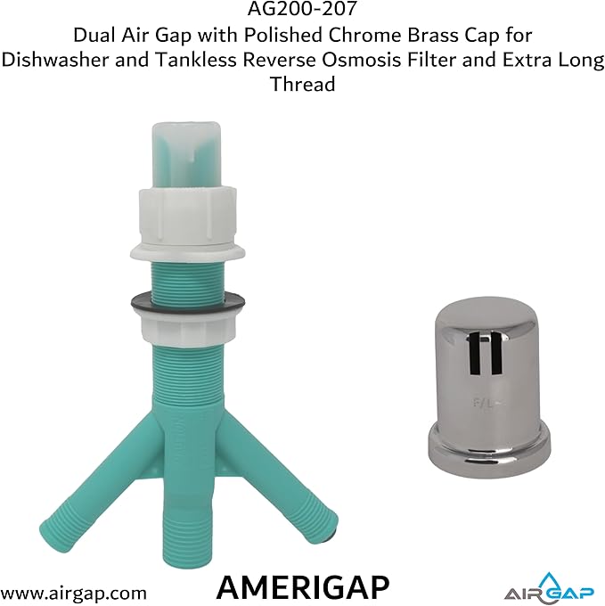 Dual Air Gap with Polished Chrome Brass Cap for Dishwasher and Tankless Reverse Osmosis Filter and Extra Long Thread (AG200-207, AG200-X07, AMERIGAP)