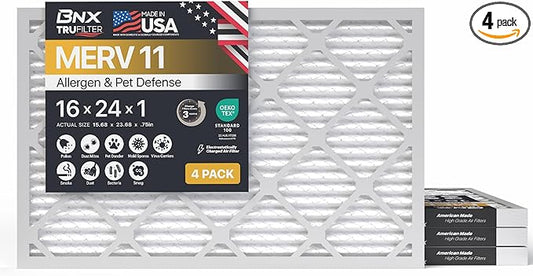 BNX TruFilter 16x24x1 Air Filter MERV 11 (4-Pack) - MADE IN USA - Allergen Defense Electrostatic Pleated Air Conditioner HVAC AC Furnace Filters for Allergies, Dust, Pet, Smoke, Allergy MPR 1200 FPR 7