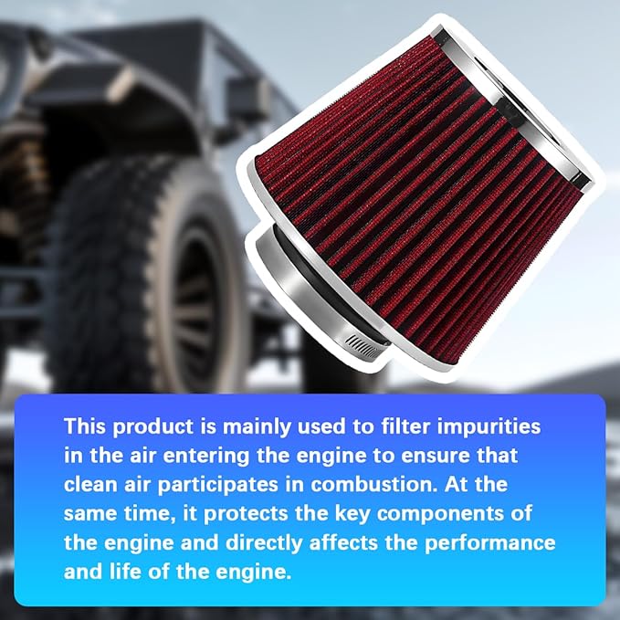 Clamp-On Car Air Intake Filter, 3 In/3.5 In/4 In Three Different Size High-Flow Washable Vehicle Air Cone Filter Cleaner, Round Tapered Auto Cool Cleaner Replacement, Universal Fit (Red)