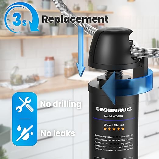 Under Sink Water Filter, House Faucet Water Filter for Kitchen Sink, Under Counter Direct Connect to Kitchen Faucet, Reduces 99% Chlorine, Bad Taste & Odor, 10000 Gallons, by DESENRUIS