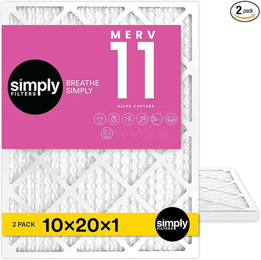 Simply 10x20x1 Air Filter, MERV 11, 2 Pack, Furnace Air Filter for HVAC (Actual Size: 9.75"x19.75"x0.75") DUST, Pet & Allergy Control