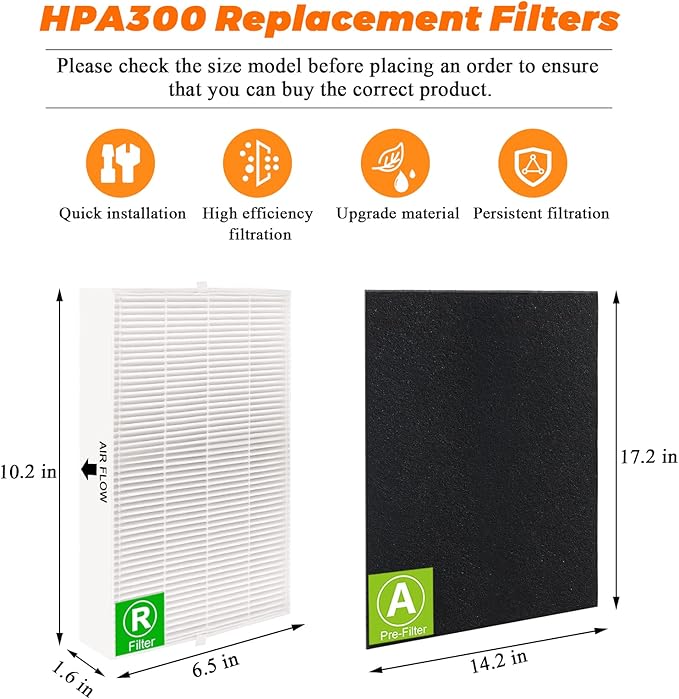 6 Pack HPA300 HEPA Filter R Replacement for Honeywell Air Purifiers HPA300 HPA200 HPA100 HPA300 HPA304 HPA8350 HPA3300b HPA5300 Replace HRF-R3 & HRF-R2 & HRF-R1&HRF-AP1-8 Pre filters A by Blutoget
