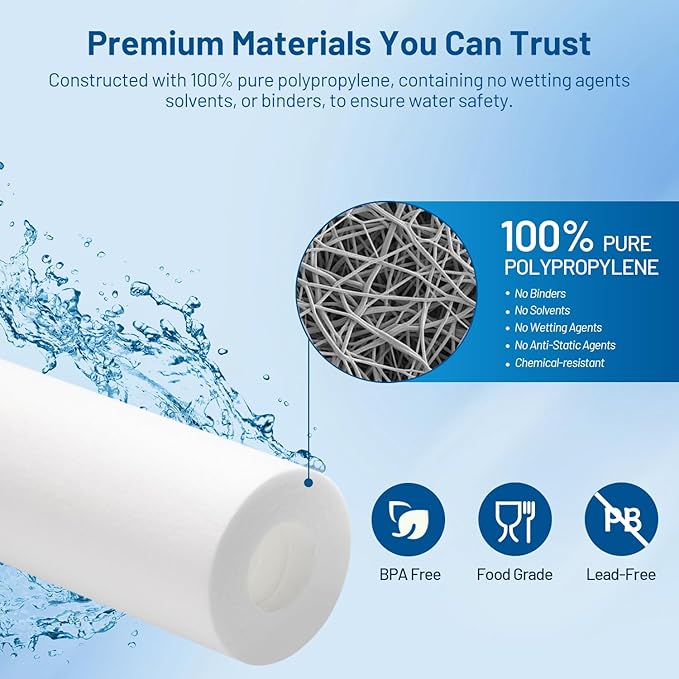 Whole House 5 Micron 10" x 2.5" Spun Polypropylene Sediment Well Water Filter Cartridge Replacement for P5, WH-S200-C, HF-360A, P5A, P5-10, SDC-25-1005, WHKF-GD05, AP110, FI-ES-SED10, FP15 (Pack of 6)
