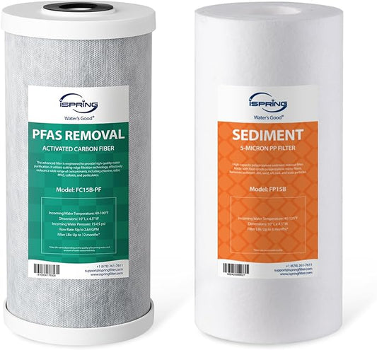 iSpring F2WGB21BPF 2-Stage Whole House Water Filter Replacement Set for WGB21B-PF，Reduces up to 99% PFAS (PFOA/PFOS), 10” x 4.5” Filters, 1" Inlet/Outlet