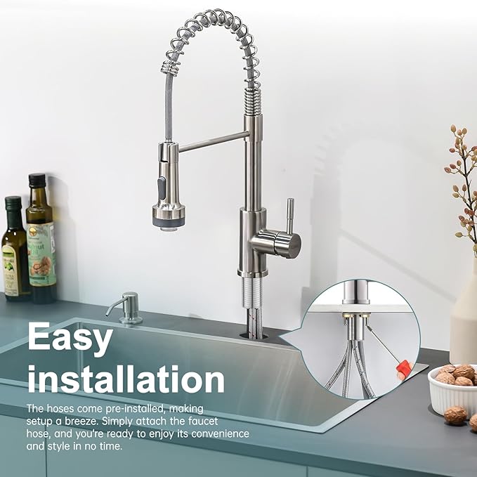 GIMILI Kitchen Faucet with Soap Dispenser Single Hole Pull Down Sprayer LED Faucet, Suitable for Farmhouses, RV, Laundry Room, Outdoor, and Campers. Llave para fregadero de cocina Brushed Nickel