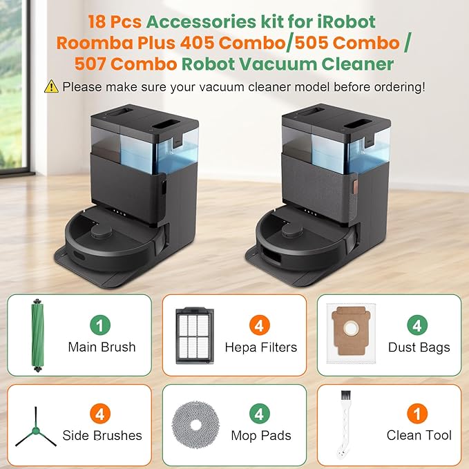 18 Pcs Replacement Parts for iRobot Roomba Plus 405 Combo / 505 Combo / 507 Combo Robot Vacuum Cleaner, Include 1 Main Brush, 4 Dust Bags, 4 Mop Pads, 4 Filters, 4 Side Brushes and 1 Cleaning Tool