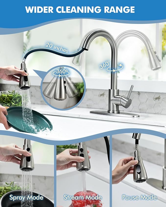 VFAUOSI RV Bath Faucets, Shower Faucet with Soap Dispenser for RV Sink, 3-Mode Kitchen Sink Faucet with Pull Down Sprayer Stainless Steel Single Handle Brushed Nickel