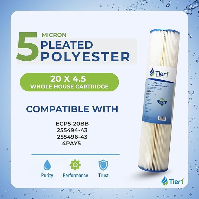 Tier1 5 Micron 20x4.5 Water Filter | Pleated Polyester Whole House Sediment Cartridge | Replacement for Pentek ECP5-20BB, 255494-43, 4PAY5 | Fine Sediment Control | 4.5 x 20 Water Filter (12-Pack)