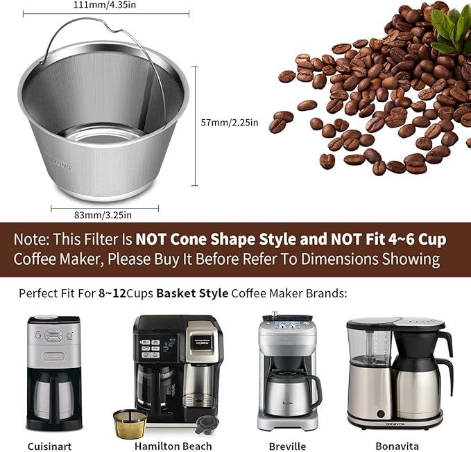 Reusable Stainless Steel Coffee Filter for Cuisinart & Hamilton Beach 8-12 Cup Drip Coffee Makers, Permanent Replacement Filter, Ultra Fine Mesh, Dishwasher Safe, BPA-Free