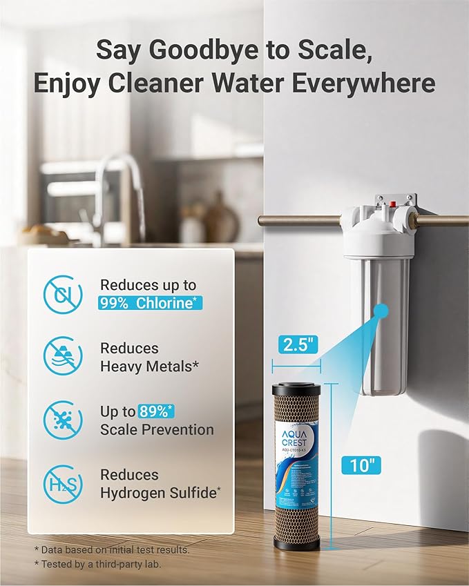 AQUA CREST 1 Micron 2.5"x10" Whole House CTO Carbon and KDF Water Filter Cartridge Replacement for DuPont® WFPFC8002, Culligan® D-10A, CBC-10, GE® FXWTC, GXWH20T, Pack of 2