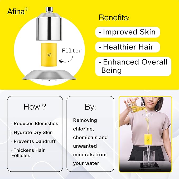 Afina Filtered Shower Head - Water Softener Showerhead with KDF-55 Shower Filter for Hard Water - High Pressure Rain Fall Experience - Universal Fit (Chrome)