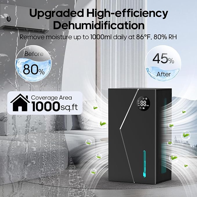 Dehumidifier, Dehumidifiers for Home(1000sq.ft), 98 OZ Water Tank, Dehumidifier Washable Air Filter, Dehumidifiers for Basement Bedroom Bathroom, Auto Shut Off, Timer Setting (black)