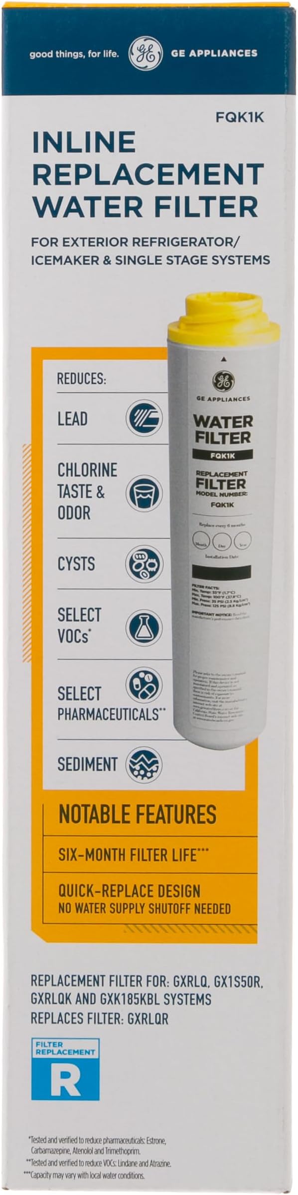 GE Under Sink Water Filter Replacement, Reduces Sediment, Rust & Other Impurities from Water, Easy Install, Fits GXRLQK Filtration System, Replace Every 6 Months, FQK1K