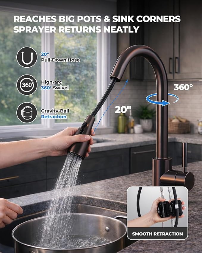 WEWE Kitchen Faucets with Pull Down Sprayer, Stainless Steel Single Handle 1 Hole for Family Kitchen Commercial Camper Laundry Rv Bar, Oil Rubbed Bronze