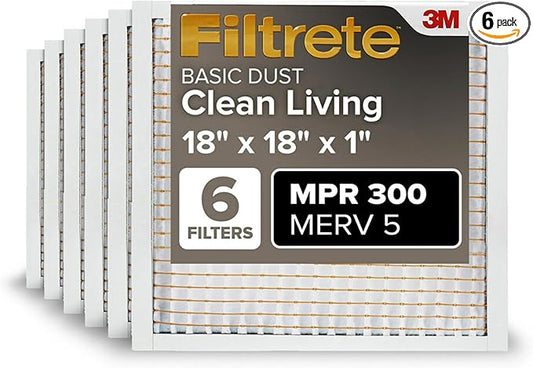 Filtrete 18x18x1 Air Filter MERV 5, 6-Pack AC Furnace Filters for Home HVAC, MPR 300 Basic Dust Defense, Removes Lint & Household Dust, 3-Month Pleated Electrostatic (Actual Size 17.81x17.81x0.81 in)