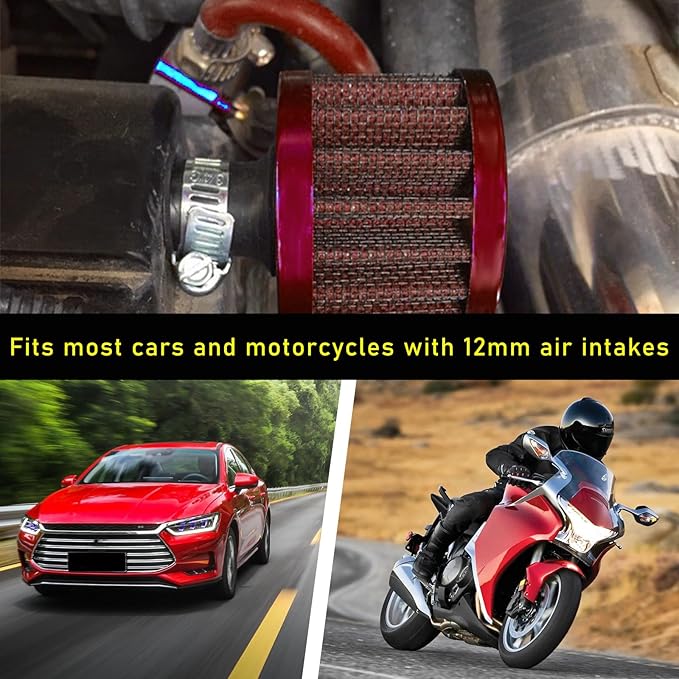 12mm Mini Air Filter, Universal Motor Cold Air Intake Filter Breather, Auto Turbo Vent Intake Filter Cleaner, Crankcase Breather Car Accessories for Motorcycle Engine Parts (Red)