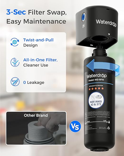Waterdrop 10UB-B Under Sink Water Filter, Reduces PFAS, PFOA/PFOS, Lead, Chlorine, Bad Taste, NSF/ANSI 42 Certified, 11K Gallons, Easy Installation, Black Faucet