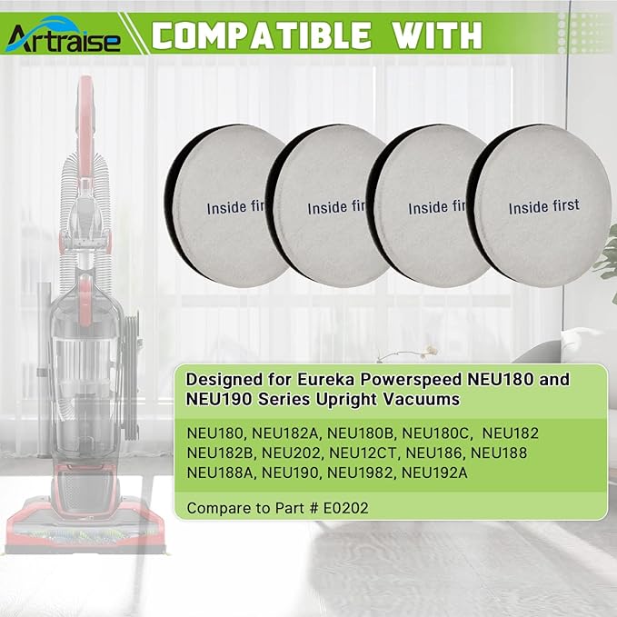 Artriase E0202 Vacuum Filters for Eureka NEU180 NEU180C NEU181 NEU182A NEU182B NEU12CT NEU186 NEU188 NEU188A NEU190 NEU192A NEU202 NEU280 Powerspeed Bagless Cleaner, 4 Pack Foam Filter Replacement
