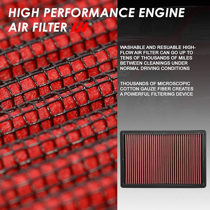 Auto Dynasty High Flow Engine Air Panel Filter Drop-in Reusable & Washable Compatible with Dodge Ram 1500 2500 3500 Pickup Classic 4500 5500 02-20 (Red)
