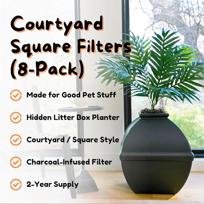 Good Pet Stuff, Replacement Carbon Odor Control Filters for Hidden Litter Box Planter, Courtyard Square Shape, Easy to Install, Odorless, Absorbs Smells, Sunlight Activated Charcoal Infused, 8 Pack