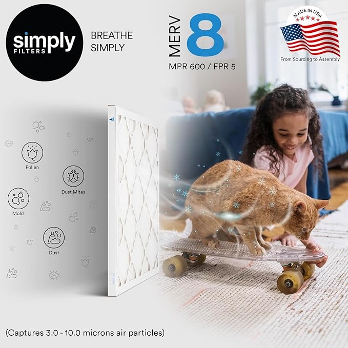 Simply 20x25x2 Air Filter, MERV 8, 4 Pack, Furnace Air Filter for HVAC (Actual Size: 19.5"x24.5"x1.75") DUST, Pet & Allergy Control