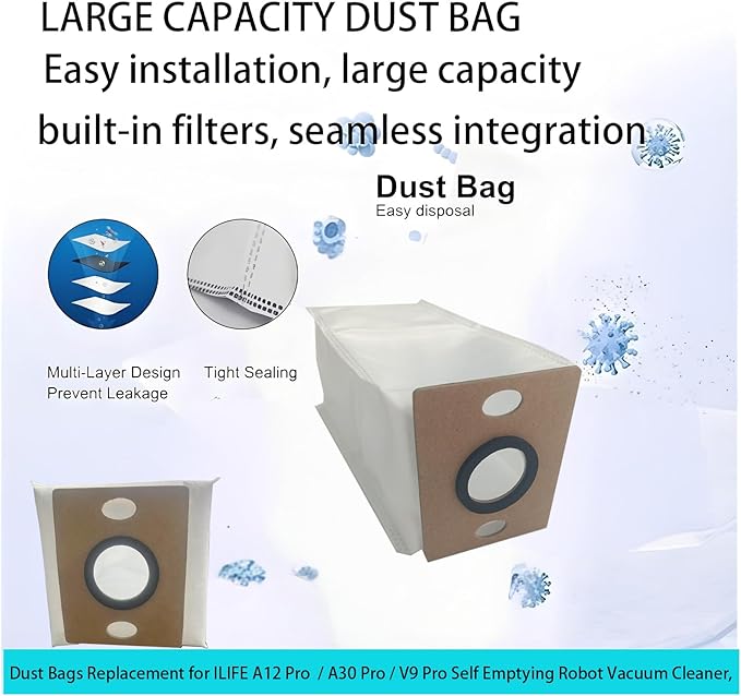 Dust Bags Replacement for ILIFE A12 Pro / A30 Pro / V9 Pro Self Emptying Robot Vacuum Cleaner, Spare Parts Accessories (8 Pack)