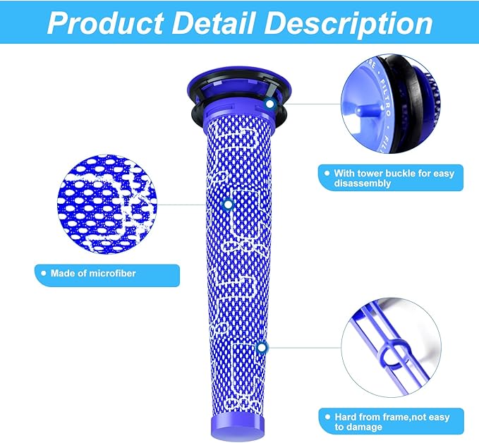 Vacuum Filter Replacement Parts Compatible with Dyson V7/V8 Animal, V8 Absolute & SV10 Cordless Vacuum Cleaners, Replaces Part # 965661-01 & 967478-01