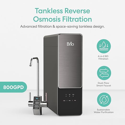 Brio AQUUS TROE800COL Reverse Osmosis Water Filtration System, 4-Stage Tankless RO Water Filter System for Under Sink, 800 GPD, 2:1 Pure to Drain, Reduces TDS, Smart Faucet, USA Support, Black/Silver